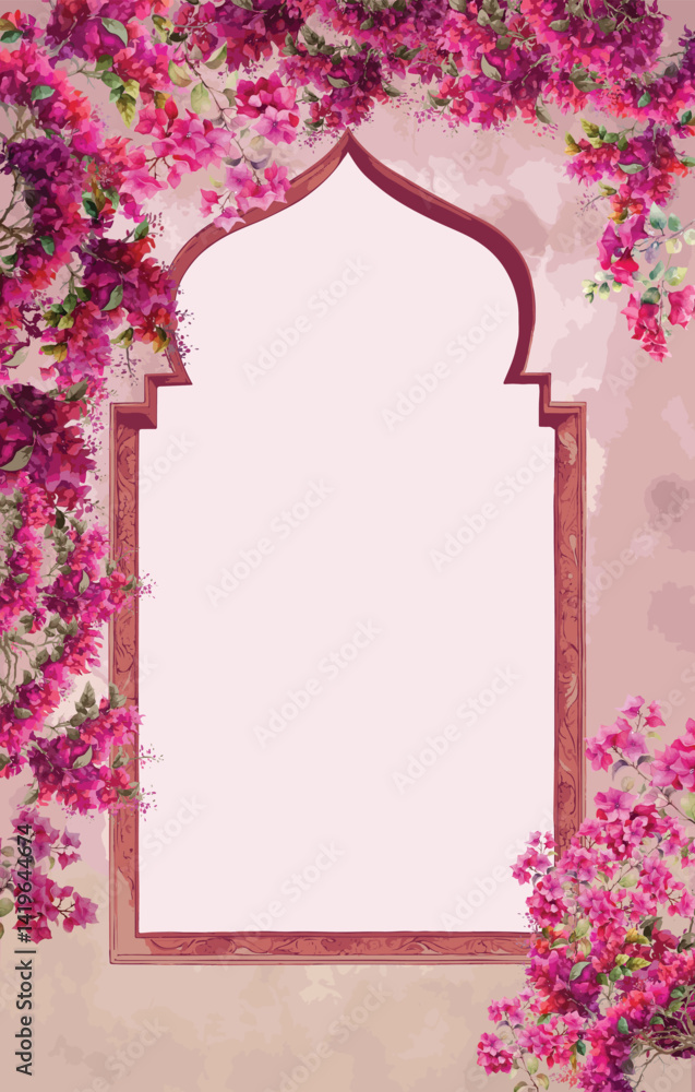 custom made wallpaper toronto digitalBougainvillea flowers illustration with ethnic traditional arch frame for invitation