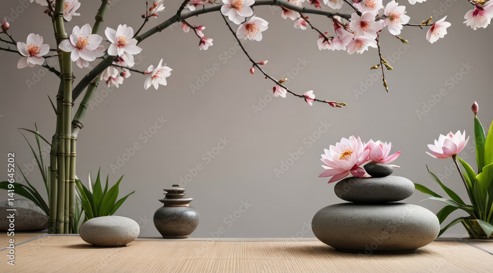 Serene spa still life with pink blossoms, bamboo, and smooth stones. Peaceful, wellness concept perfect for relaxation or zen themes. Serene spa still life with pink blossoms, bamboo, and smooth stones. Peaceful, wellness concept perfect for relaxation or zen themes.