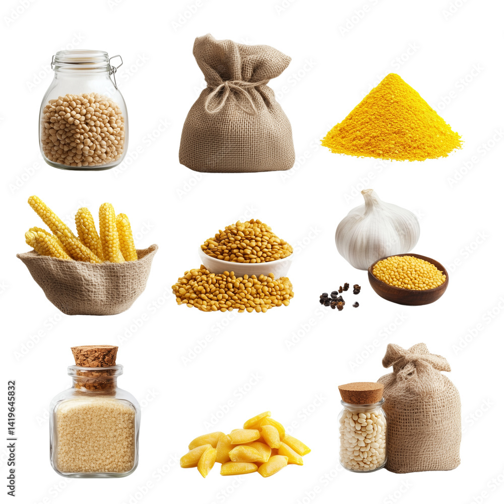 A collection of different spices and grains are shown in a variety of containers