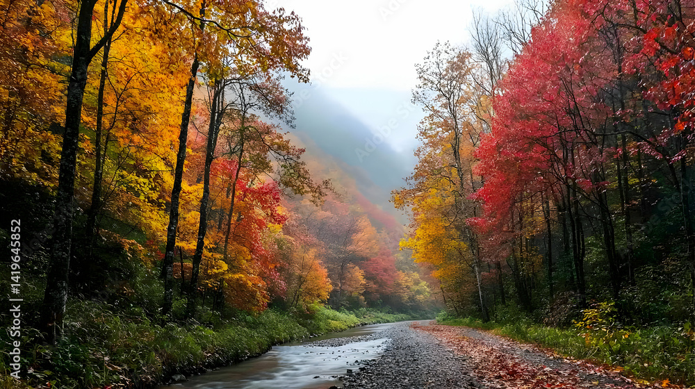 Obraz premium Autumn Forest Scene With Falling Snow