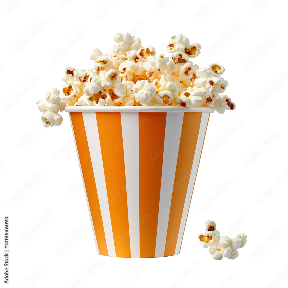 A large orange and white paper cup filled with popcorn