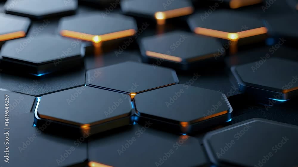 Explore a captivating arrangement of hexagonal shapes with sleek surfaces and soft illuminations. This striking design embodies modern aesthetics and technological elegance.