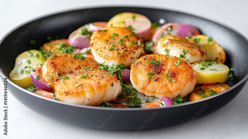Freshly cooked scallops with herbs in a black skillet, surrounded by roasted baby potatoes and red onions, and close-up view of gourmet meal preparation. Freshly cooked scallops with herbs in a black skillet, surrounded by roasted baby potatoes and red onions, and close-up view of gourmet meal preparation.