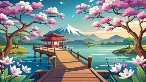 wooden pier over the lake with magnolia blossoms in foreground