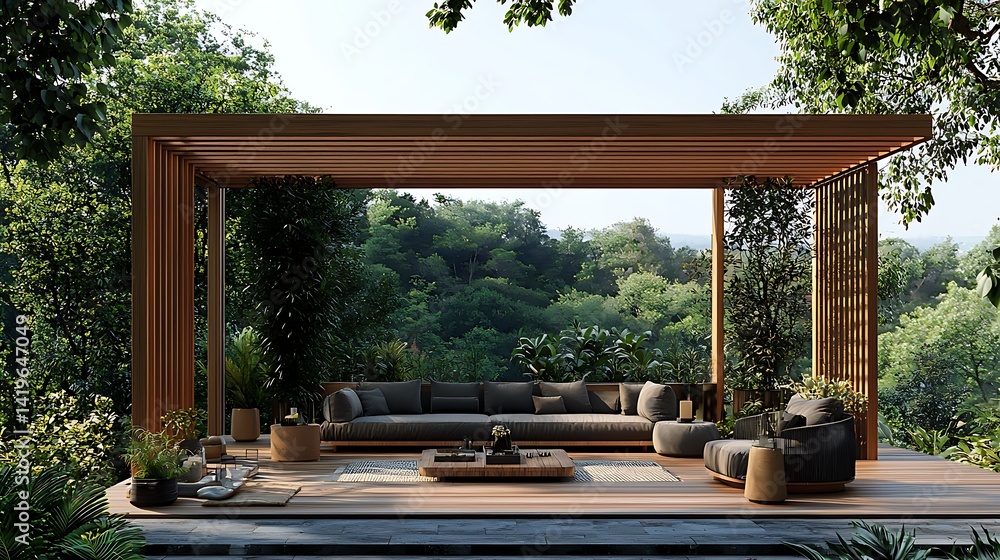 Fototapeta premium Modern Outdoor Living Space with Stylish Furniture and Lush Green Landscape Surrounding
