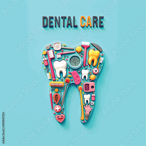 A turquoise tooth graphic filled with colorful dental hygiene tools, including toothbrushes, floss, and mouthwash, representing oral care. Clean teeth, healthy smile.