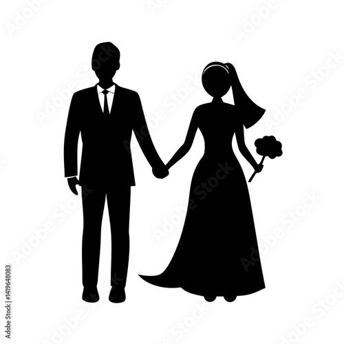 Wallpaper Mural Wedding couple silhouette, bride and groom, marriage ceremony, love, celebration, vector art, black and white illustration Torontodigital.ca