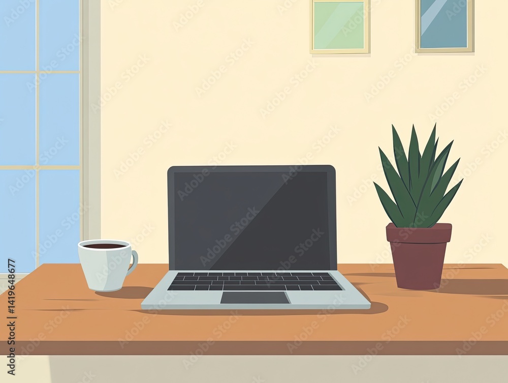 A minimalist home office setup with a sleek laptop, a cup of coffee, and a potted plant on a wooden desk. A minimalist home office setup with a sleek laptop, a cup of coffee, and a potted plant on a wooden desk.