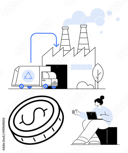 Recycling truck unloading at factory with a visible connection symbol, coin representing finance, and a woman with a laptop. Ideal for sustainability, waste management, circular economy, finance