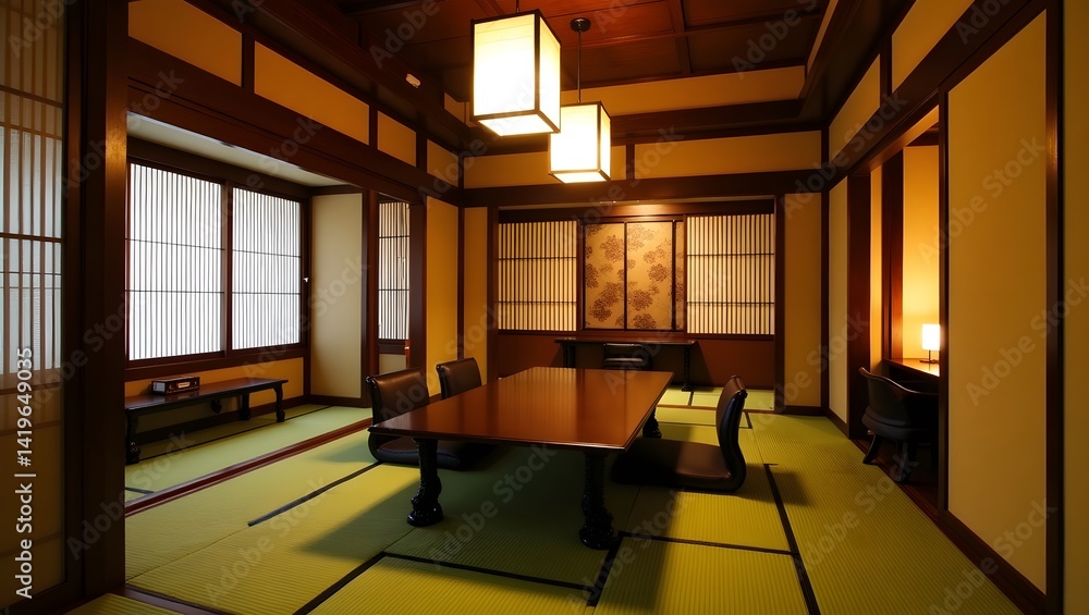 Japanese-style dining area with low table and tatami mats.