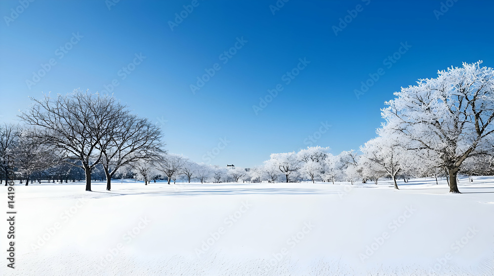 Snowy Trees And Field Landscape Under Clear Blue Sky Snowy Trees And Field Landscape Under Clear Blue Sky