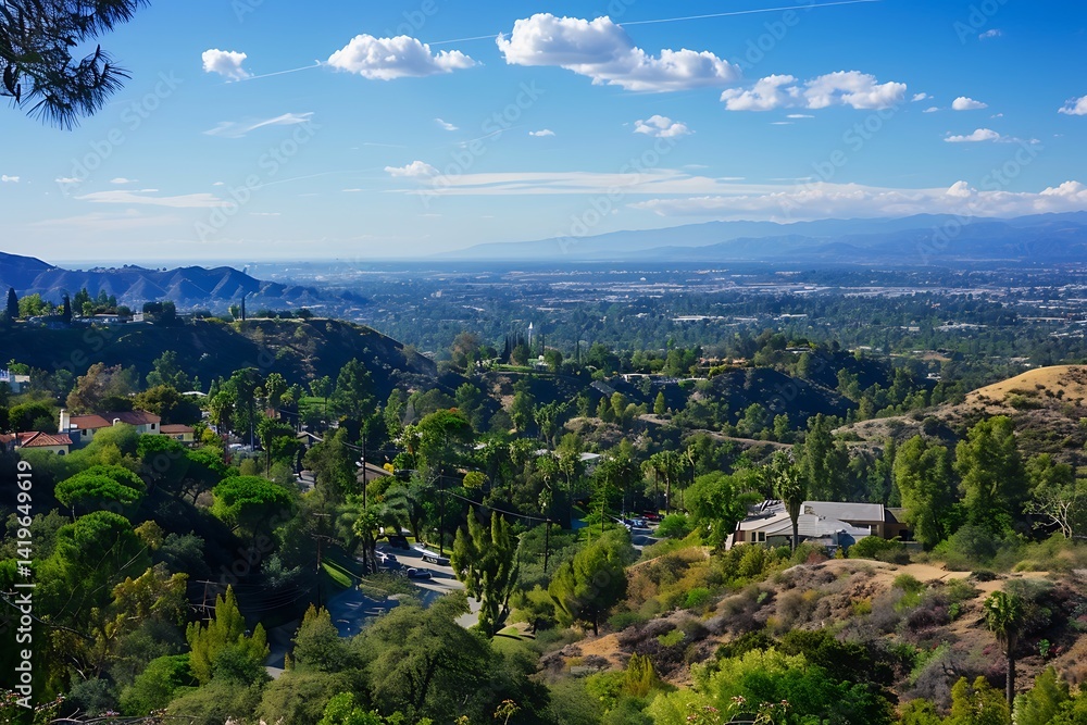 Panoramic View Of Green Hills And Urban Cityscape Under Bright Blue Sky Panoramic View Of Green Hills And Urban Cityscape Under Bright Blue Sky