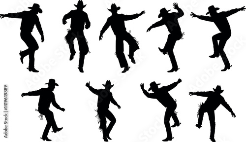 Silhouette of a couple in cowboy hats line dancing