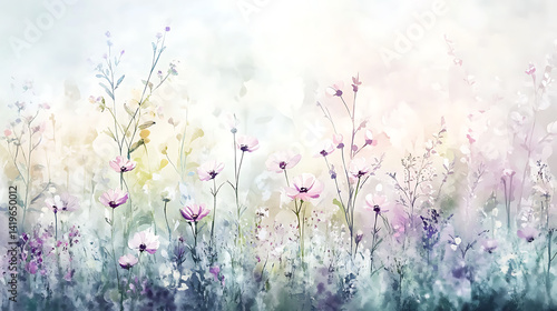 A painting of a field of flowers with a light blue background
