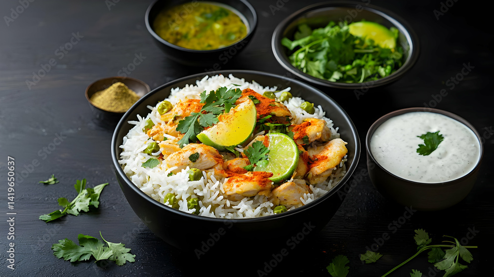 Chicken Biryani In Bowl With Lime And Yogurt Sauce Chicken Biryani In Bowl With Lime And Yogurt Sauce