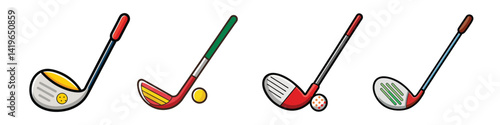 A colorful cartoon illustration of four different golf clubs in a row