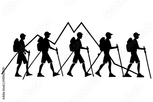 set of Mountain trekking person vector silhouette illustration isolated on white background