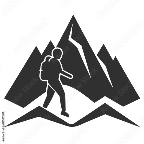 Mountain trekking person vector silhouette illustration isolated on white background