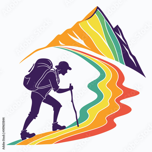 Mountain trekking person vector silhouette illustration isolated on white background