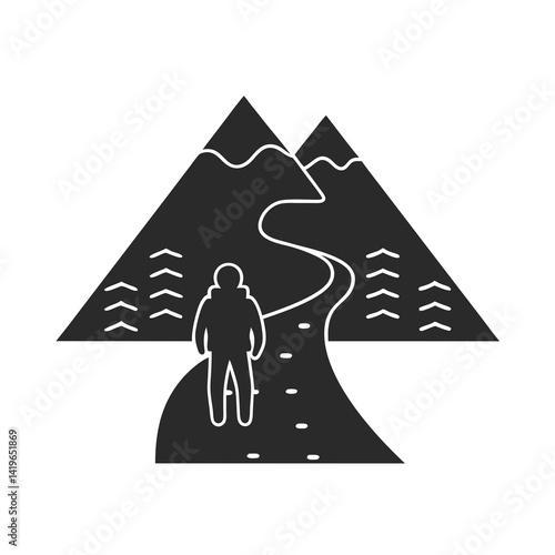 Mountain trekking person icon vector silhouette illustration isolated on white background