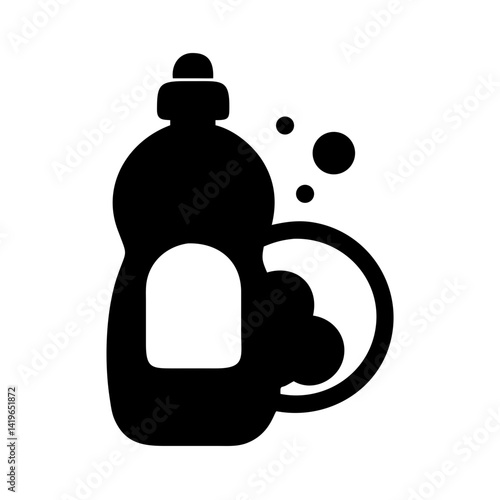 Dish soap bottle icon vector illustration cleaning detergent liquid with bubbles and dish icon art
