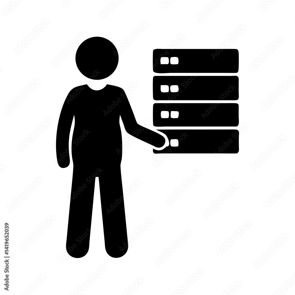 Illustration of server data storage with person managing server network infrastructure and database system Illustration of server data storage with person managing server network infrastructure and database system