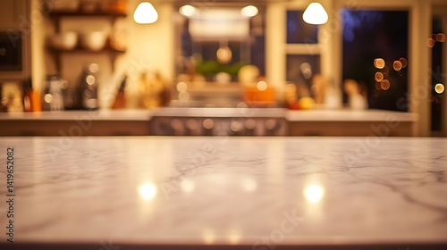 Cozy kitchen interior with marble countertop, warm lighting, and blurred background activity at dusk