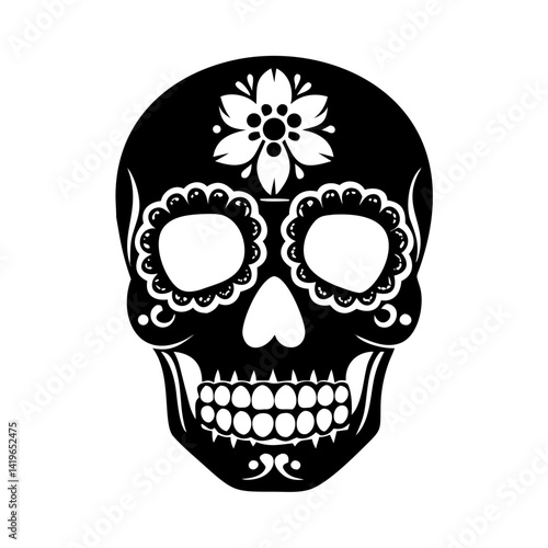 Black and white skull with flower day of the dead sugar skull calavera dia de los muertos art design