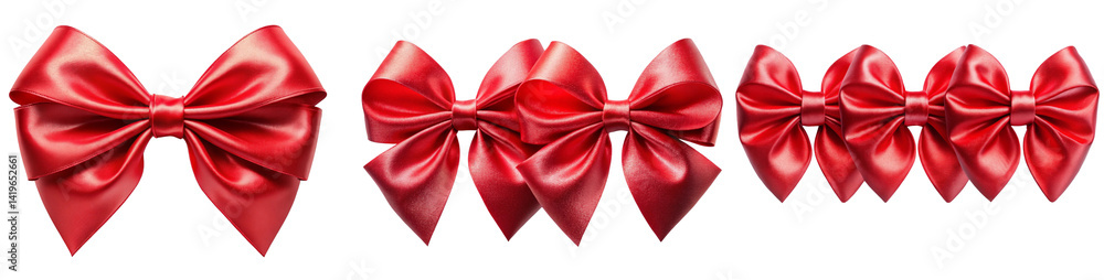 A beautiful arrangement of shiny red satin bows in varying sizes, perfect for festive occasions. A beautiful arrangement of shiny red satin bows in varying sizes, perfect for festive occasions.