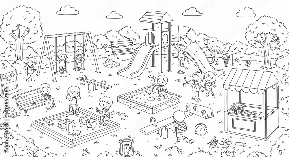 Obraz premium Children Playing at the Playground Black and White Outline