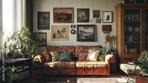 A cozy living room is decorated with antique furniture