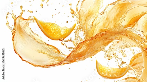 Photography of circular orange juice splash swirl, orange wedges and zest curls floating, isolated on warm white background 