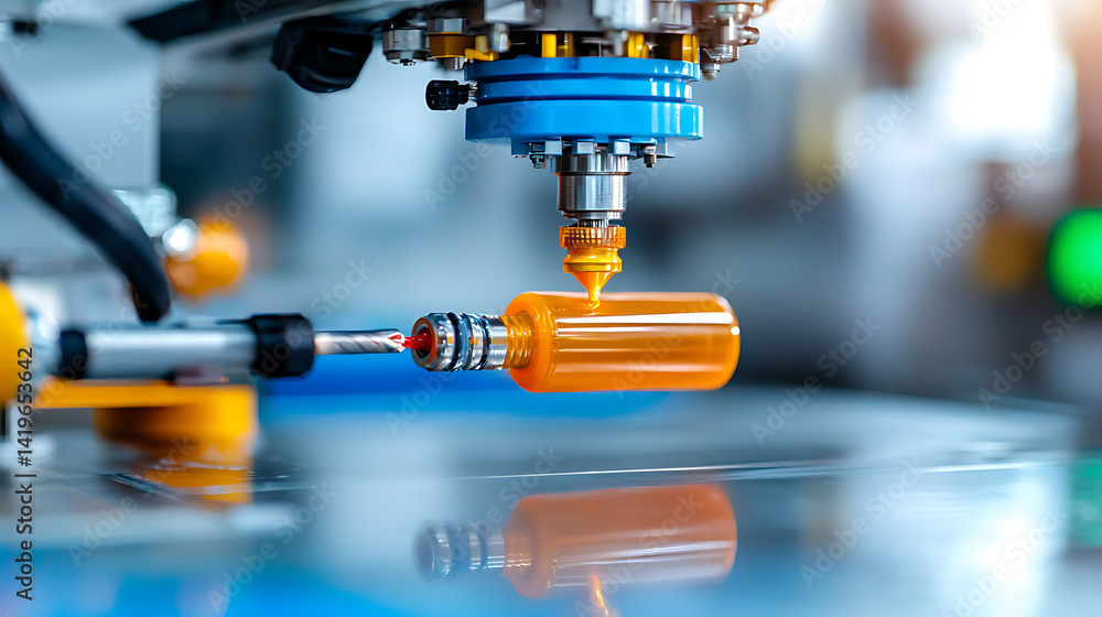 Obraz premium High-speed extrusion blow molding machine operation industrial facility manufacturing process controlled environment close-up view efficiency and innovation