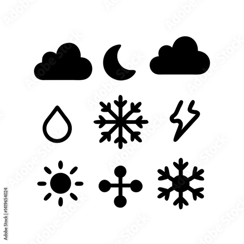 Weather forecast icons set including sun cloud rain snowflake moon and lightning vector design element