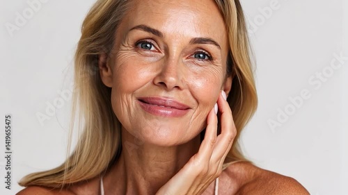 Smiling woman with blonde hair and hand on cheek, simple background