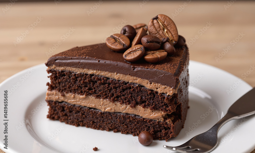 A mocha mousse and dark chocolate cake with a glossy chocolate ganache finish, topped with a light dusting of cocoa A mocha mousse and dark chocolate cake with a glossy chocolate ganache finish, topped with a light dusting of cocoa