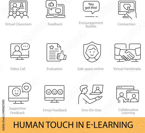 Human Touch in E-Learning – 12 Editable Line Icons for Online Education & Emotional Interaction | Vector Set in AI, EPS, SVG | Designed in Adobe Illustrator