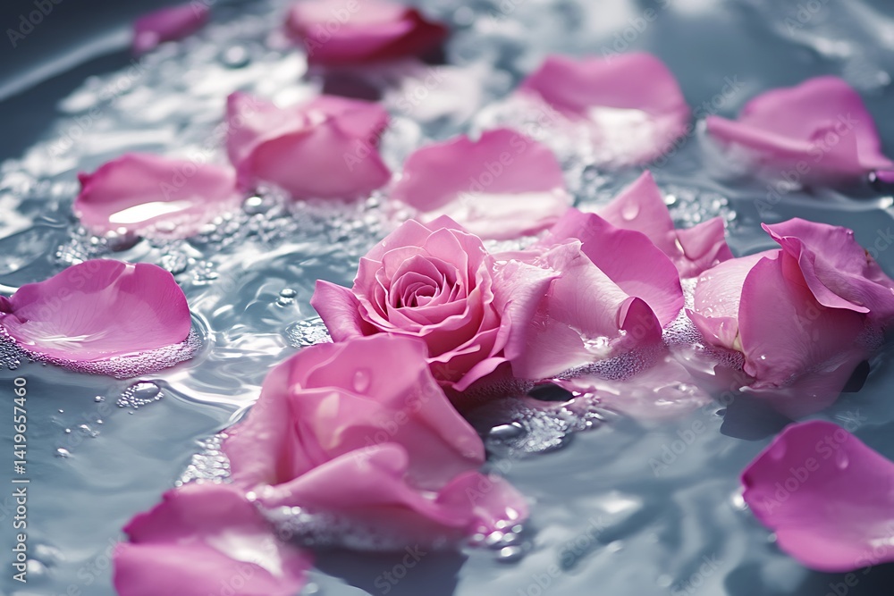 Pink Rose And Petals Floating On Water Surface In Soft Lighting For Relaxing Ambiance Pink Rose And Petals Floating On Water Surface In Soft Lighting For Relaxing Ambiance