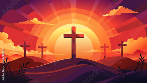 Very beautiful Three crosses on a hill at sunset religious easter background christian faith crucifixion good friday concept