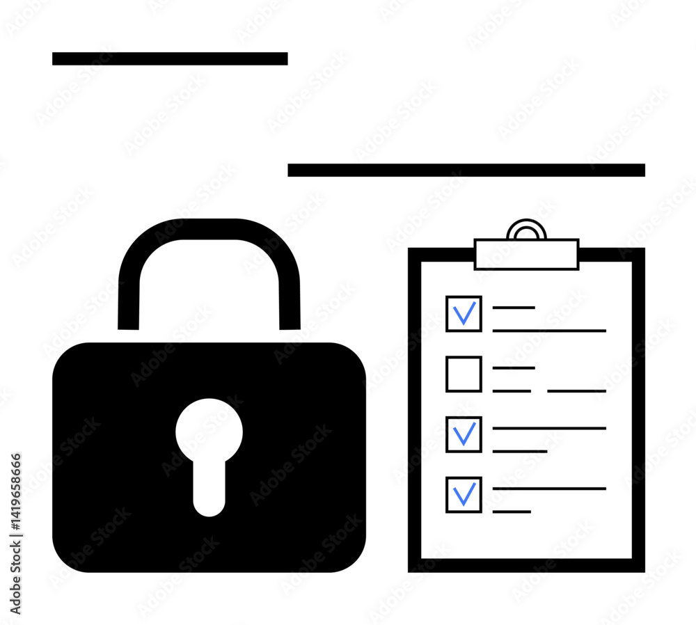 Fototapeta premium Padlock symbolizing security, next to a checklist with marked tasks. Ideal for data protection, cybersecurity, compliance, task planning, privacy policies, accountability, simple landing page