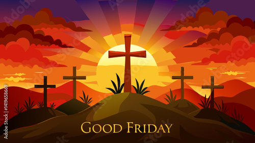 Very beautiful Three crosses on a hill at sunset religious easter background christian faith crucifixion good friday concept