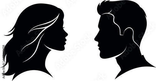 vector set, Vector illustration of silhouette man and woman portrait in profile. Male and female head on a white 