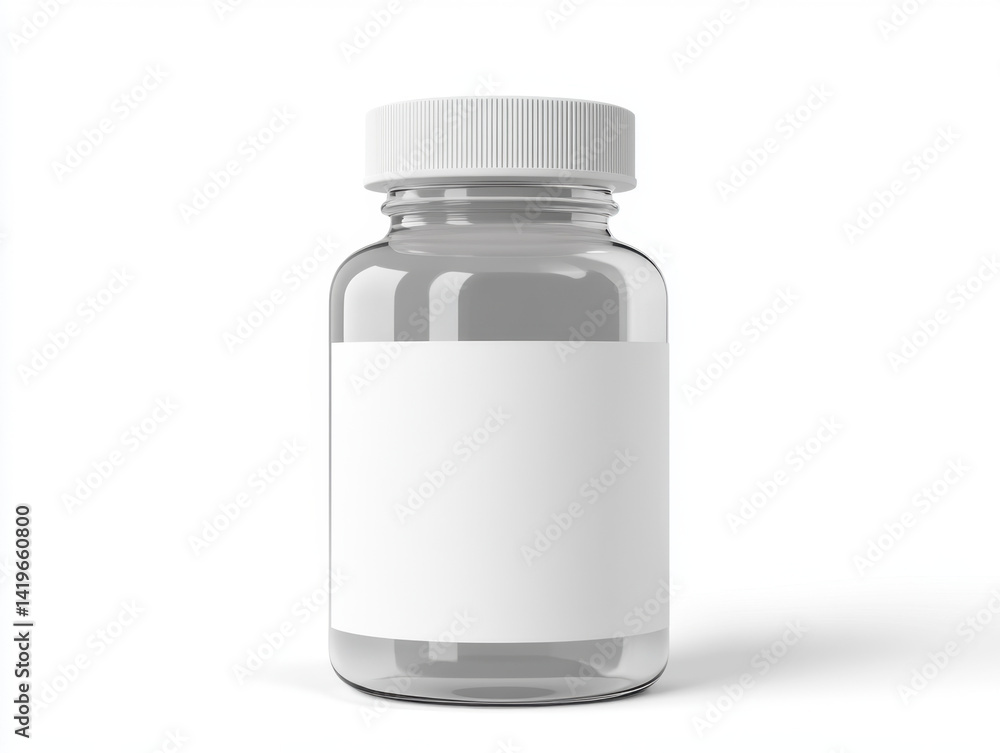 Clear glass jar with white label for labeling contents or branding in various applications and industries Clear glass jar with white label for labeling contents or branding in various applications and industries