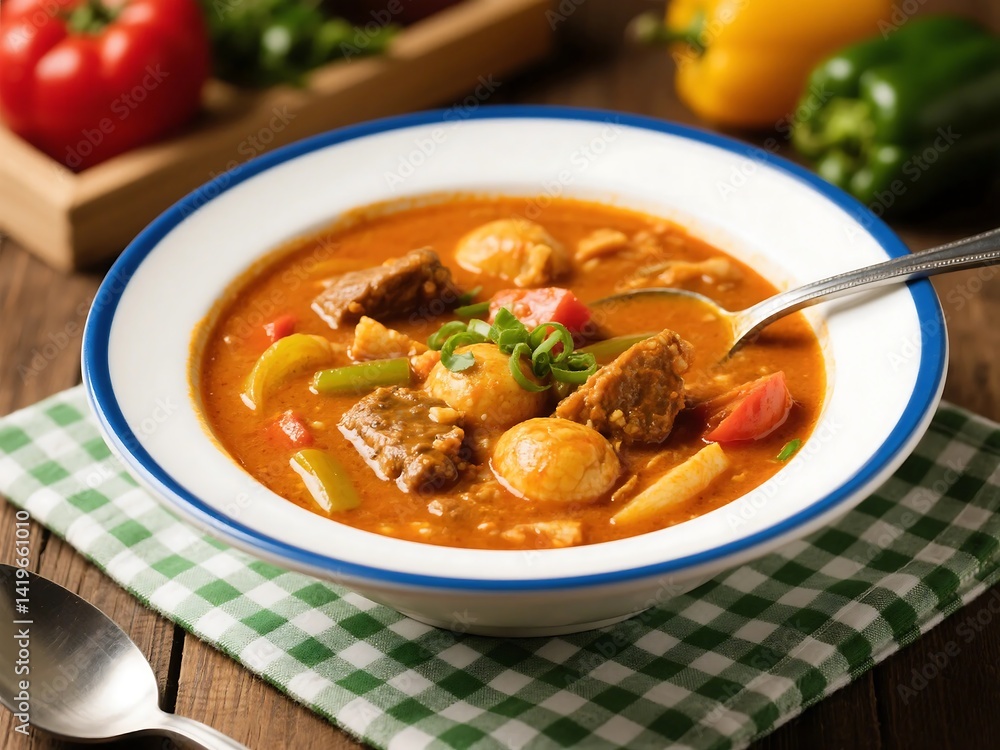 Bowl of steaming chicken curry with rice suitable for food blogs, restaurant menus, recipe book covers, culinary websites. AI Generated Bowl of steaming chicken curry with rice suitable for food blogs, restaurant menus, recipe book covers, culinary websites. AI Generated