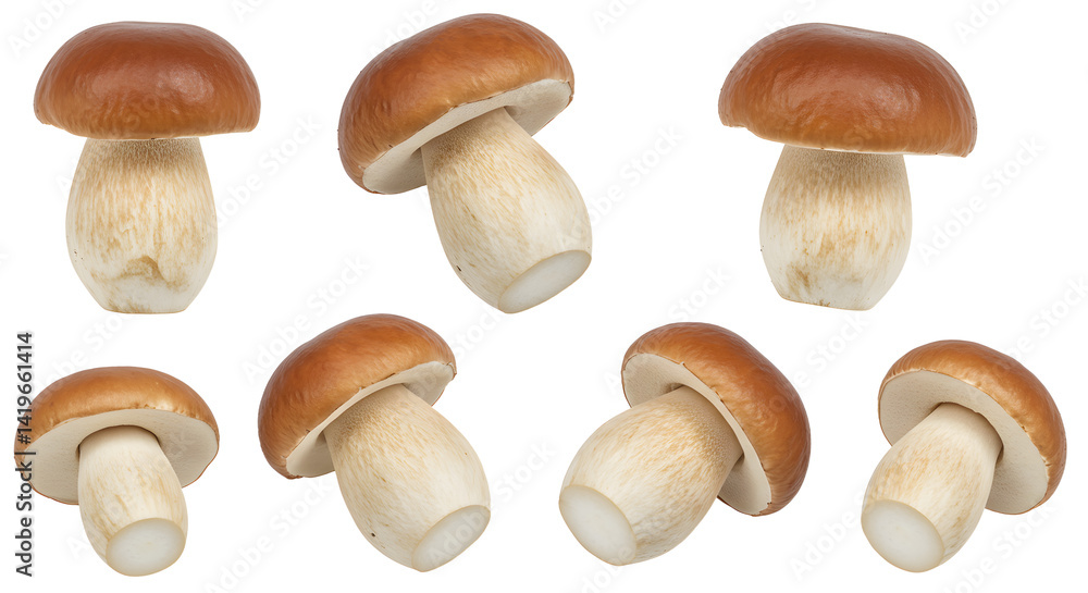 A cluster of fresh, edible mushrooms displayed on a neutral background, showcasing their natural colors and textures A cluster of fresh, edible mushrooms displayed on a neutral background, showcasing their natural colors and textures