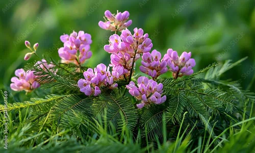 Vibrant pink flowers blooming amidst lush green grass in a serene setting