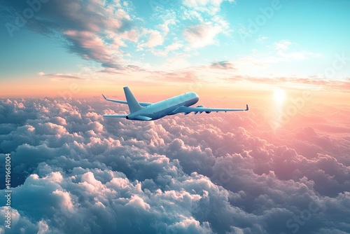 Airplane above colorful clouds at sunset