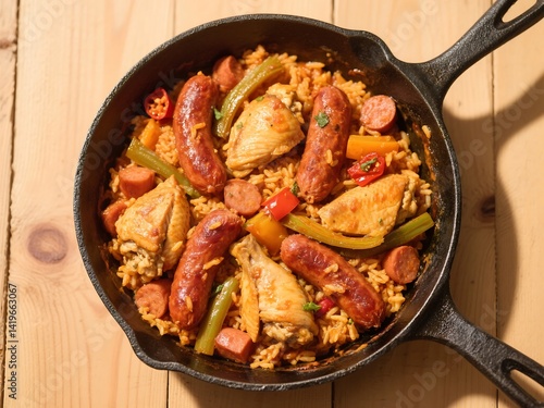 Skillet of chicken and sausage jambalaya, a delicious Southern dish with a mix of flavors, perfect for food blogs and menus. AI Generated