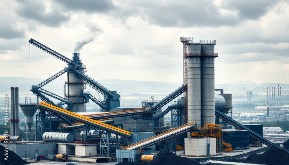Fototapeta premium Industrial Plant with Smoke Stacks and Conveyors