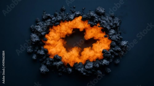 Bright Orange Flames Erupting from Black Volcanic Ash on Dark Background Creating an Intense Fiery Scene
